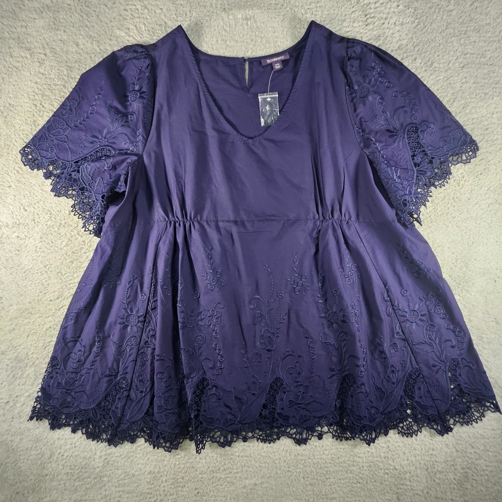 Roamans Top Womens 24W Blue Eyelet Floral Embroidered Boho Flutter Sleeve Blouse